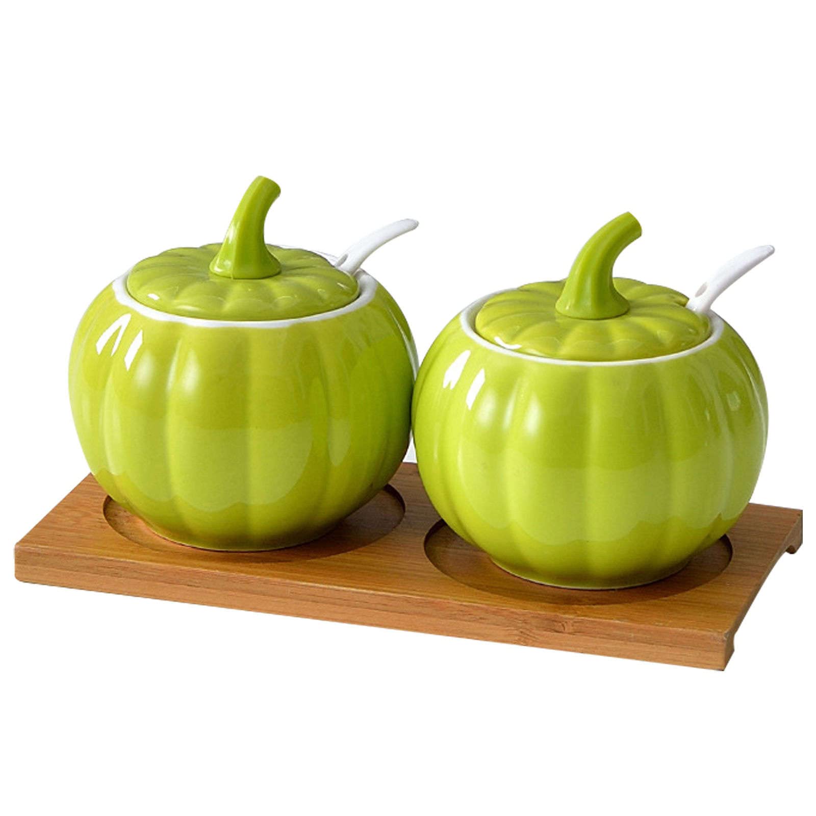 Juego de 3 azucareros coloridos de cerámica con tapa y cuchara, divertidos tarros de sal y pimienta en forma de calabaza, caja de especias con base y cuchara