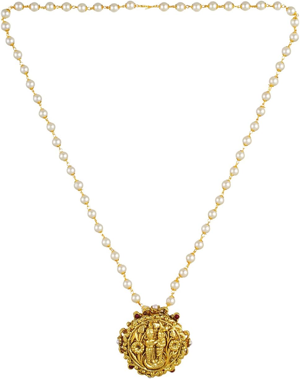 Adorelabel Red & Green Gold Plated Big Round Radhe-Krishna Pendant with Pearl Mala Chain Wedding Collection Jewellery for Women/Girls