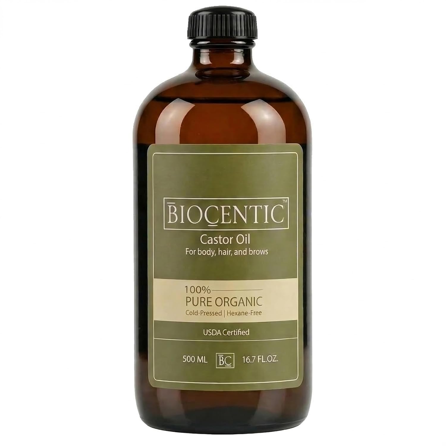 Organic Castor Oil (500ml) Glass bottle,100% Pure, Cold-Pressed, Hexane-Free,USDA certified. Stimulate growth for Hair, Eyelash & Eyebrow. Hydrating & Nourishing Treatment for Skin & Scalp