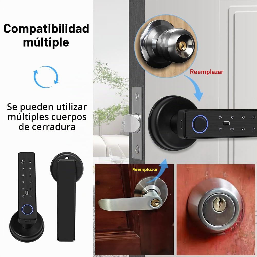 Cerradura Inteligente 5-en-1 Puerta Manija Electrónica Teclado Contraseña WiFi TUYA Smart Lock Huella Dactilar Biométrica Digital RFID IC Tarjeta Táctil Puerta Principal para Casa Oficina