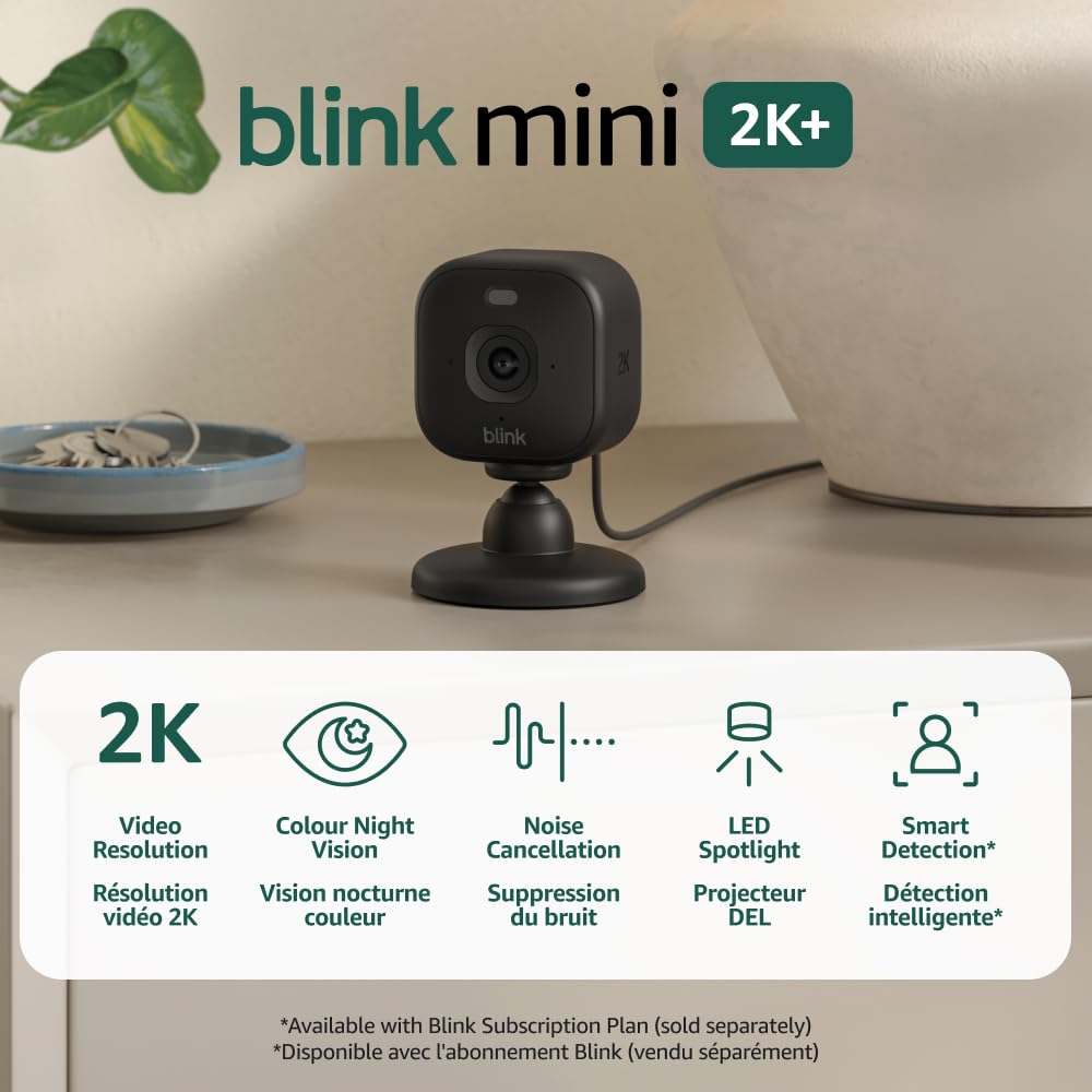 A pair of compact Blink Mini 2K+ cameras shown with their included cables and power adapters.