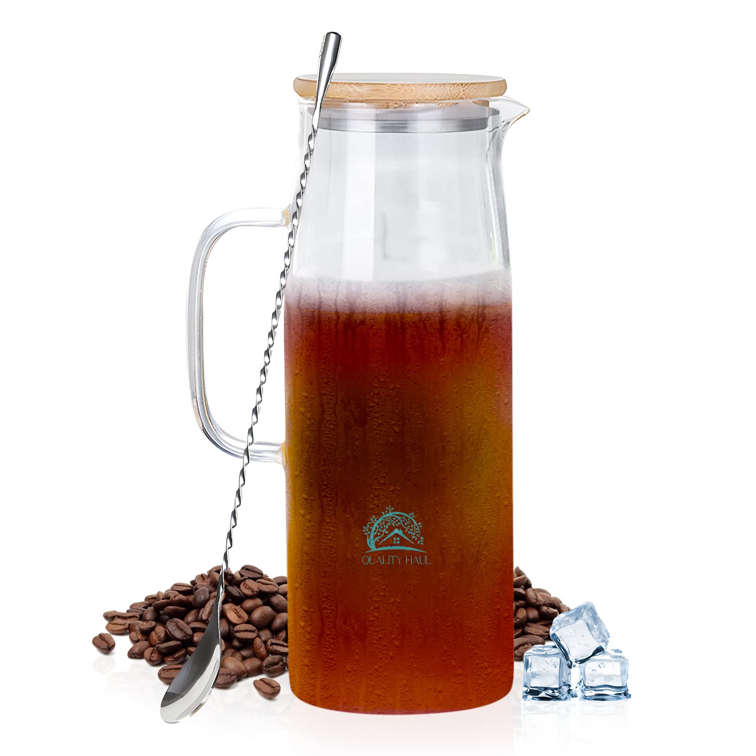 Glass Pitcher with Mixing Spoon & Bamboo Lid, 1.5L Glass Jug with High Heat Resistance, Stove Safe Pitcher, Water Carafe for Iced Tea Hot/Cold Coffee Milk Beverage and Juice (1500mL/51oz)