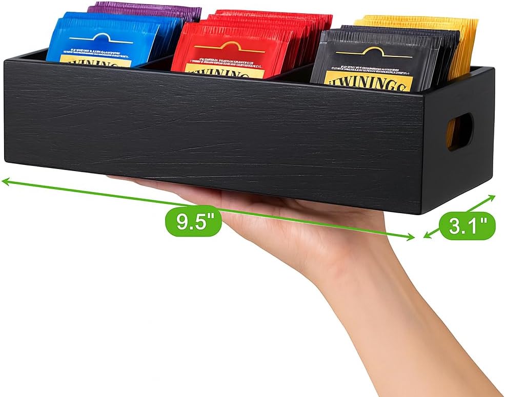 Moldie Multi-Purpose Matte Black Wood Organizer - 3 Compartment Solid Pine Tray for Office Desk Small Supplies, Luxury Tea Bag and Sugar Packet Caddy for Kitchen Countertop & Coffee Station