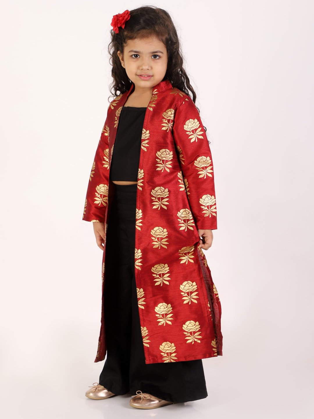 Jbn Creation Girls' Maroon And Black Brocade Cotton Silk Crop Top, Pallazo And Shrug Set_Jbngco002Ma_5-6Y