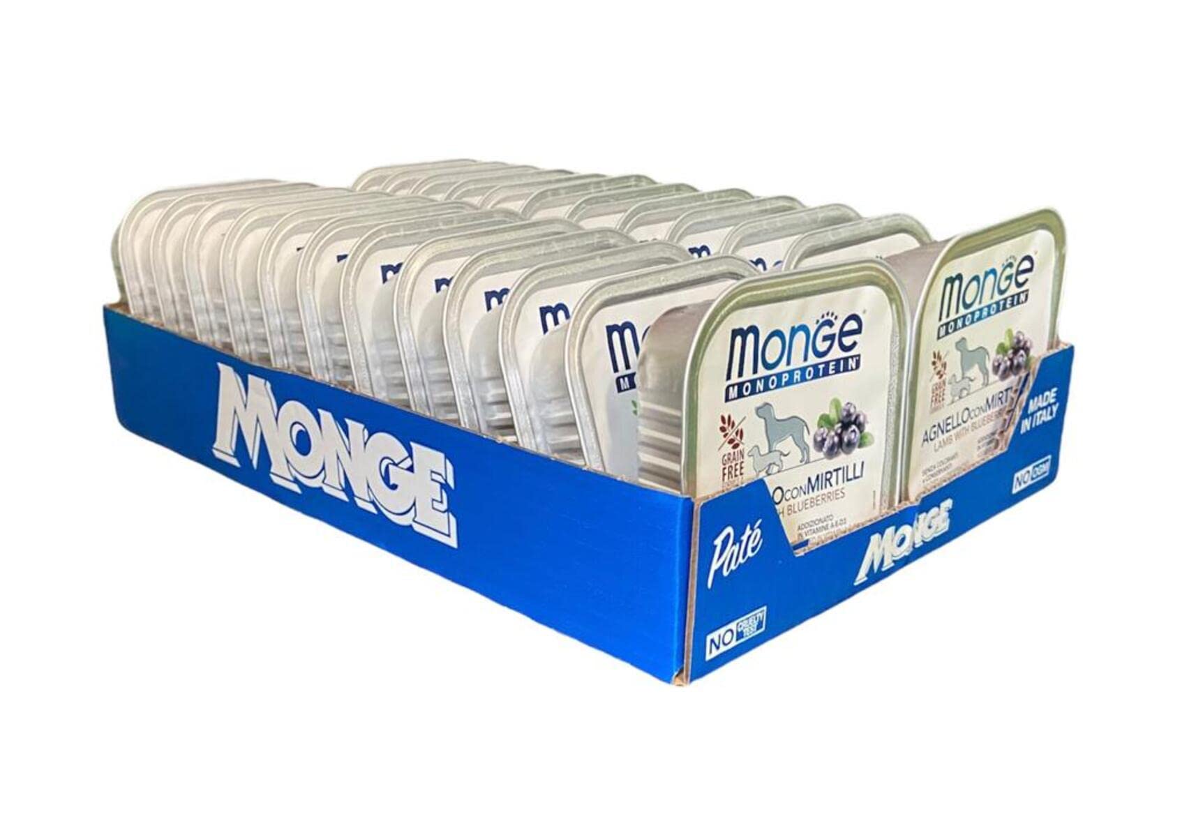 Monge Monoprotein Cibo umido per Cane, gusto Agnello con Mirtilli, senza coloranti, conservanti e zuccheri aggiunti. Confezione da 24 vaschette (1 = 150gr.)