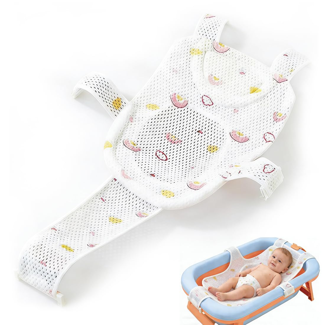 Coussin de Bain pour Bébé, Réducteur de Baignoire pour Nouveau-Né, Hamac de Bain avec 5 Sangles de Sécurité, Anti-Glissant, Filet Respirant et Confortable, Facile à Installer