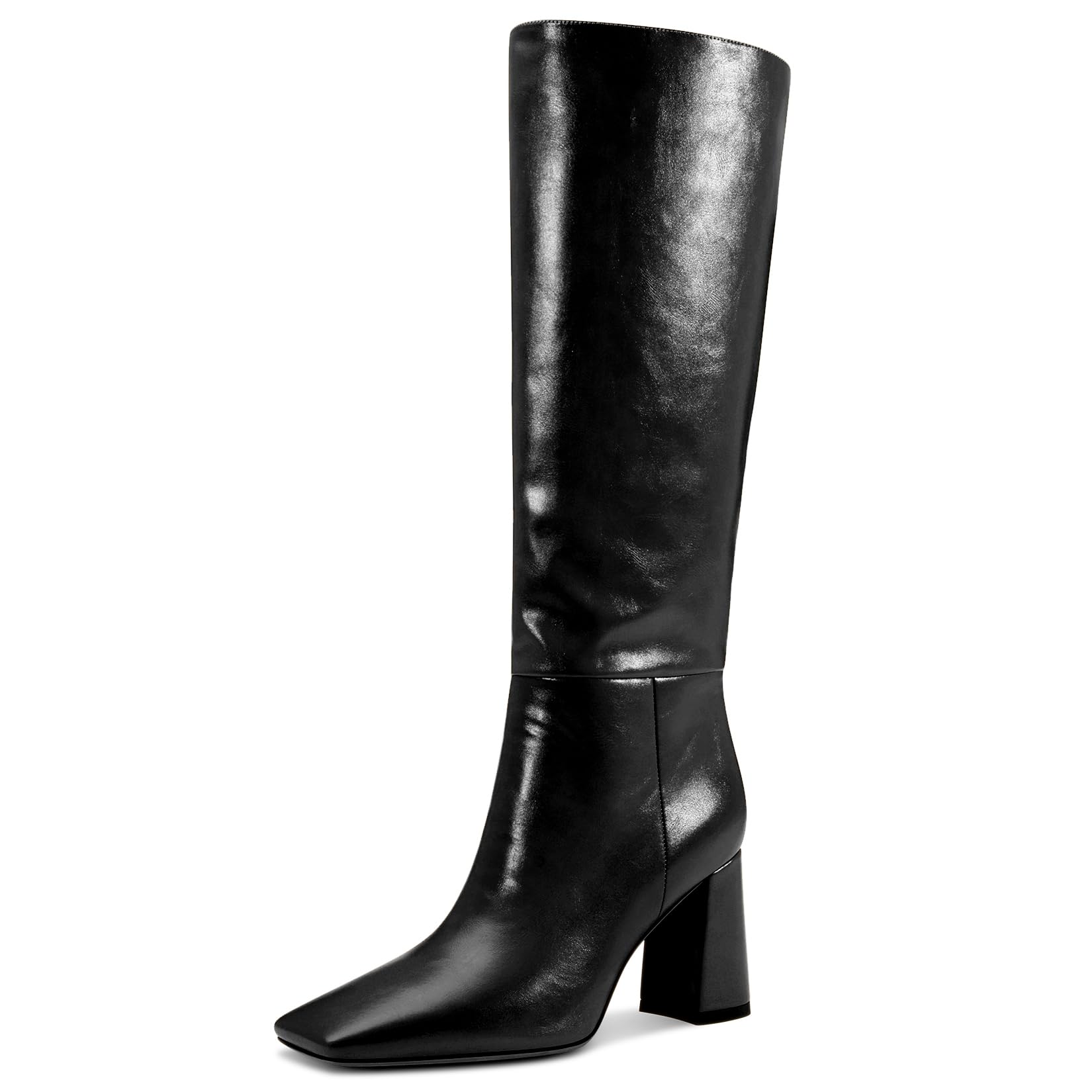 NobleOnly Knee High Boots for Women Mid Chunky Block Heel Close Square Toe Boots Side Zipper Office Casual Tall Boots 3.3 Inches