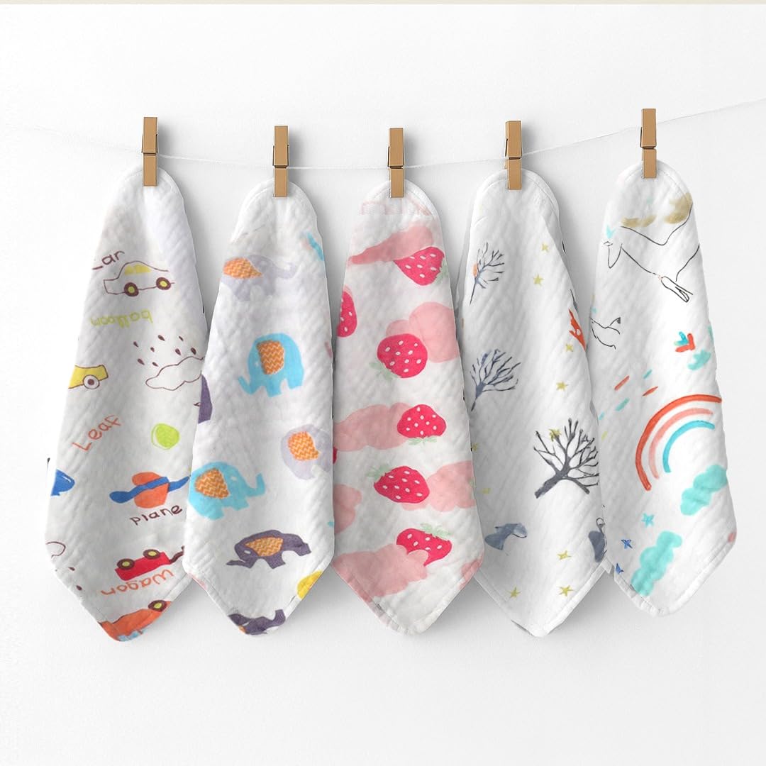 TONY STARK Muslin Cotton Face Towels for Newborn Baby Extra Soft Hankies Reusable Napkins for Infants Toddlers (Big Napkin - 5 Pieces)