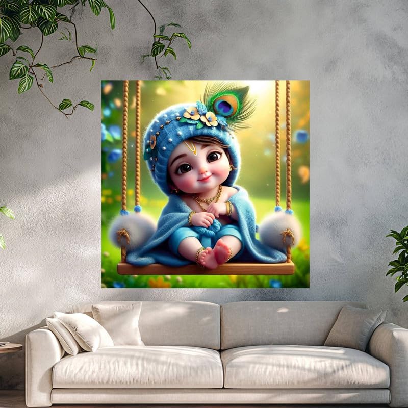 Image of British Terminal Cute little Bal Gopal Baby God Krishna| Kanha Ji | Laddu Lord Makhan Chor Painting Religious Poster for Pregnant Women for wall (matt thin vinyl,sticker,multicolor,unframed)| bj14