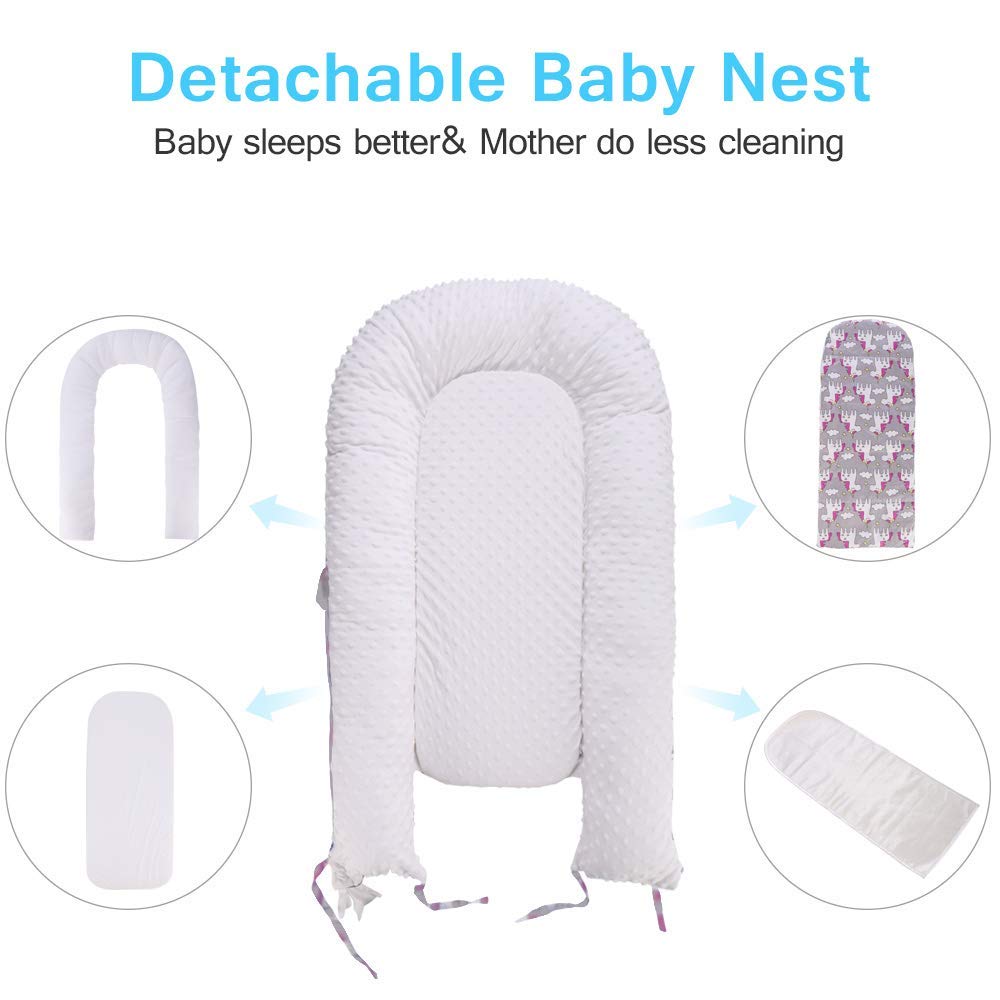 JIAN YA NA Babynest mit Eisseide-Matratze, tragbare Babyliege, abnehmbar, maschinenwaschbar, Verwendung im Kinderbett (Einhorn)