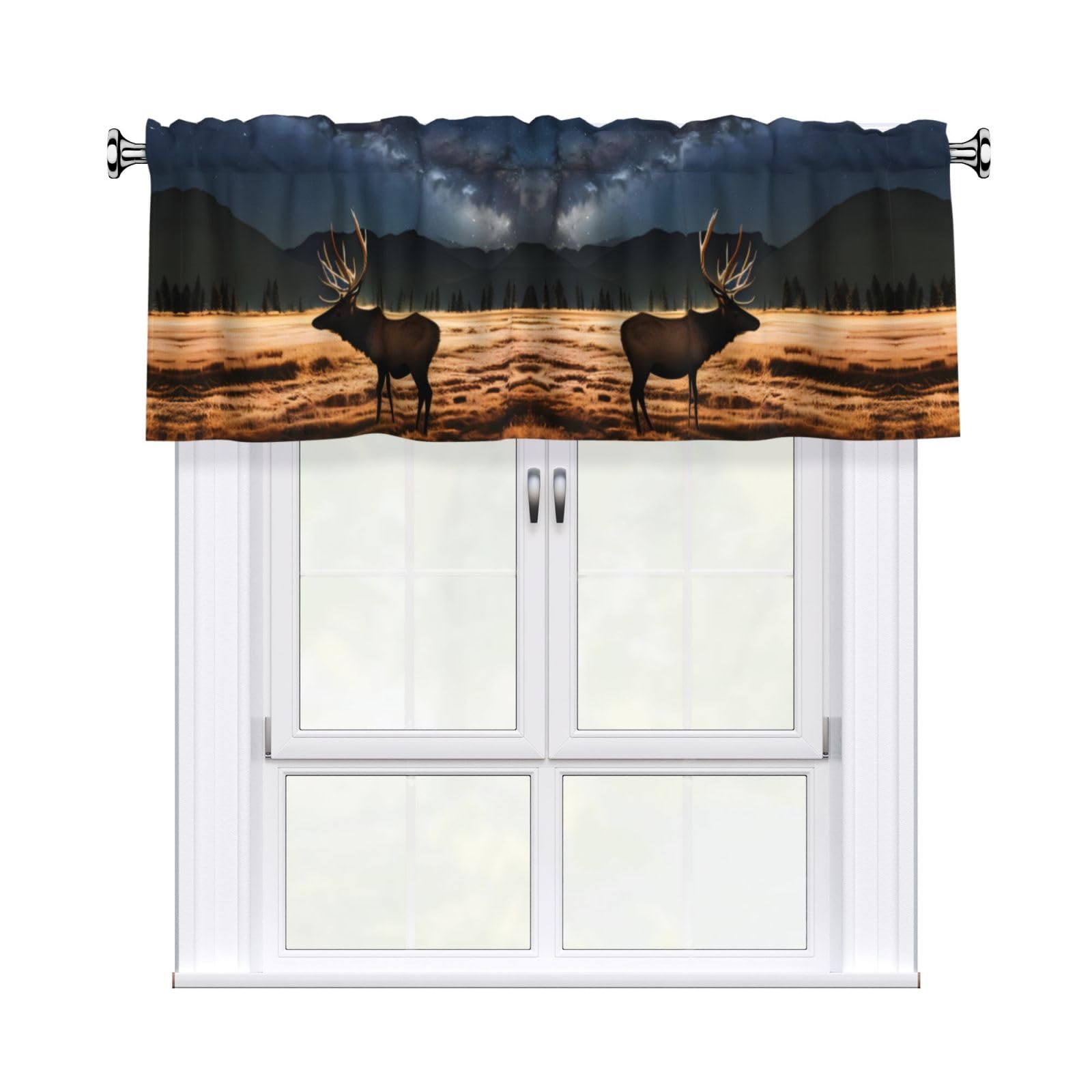 WHJDPP Elk in the meadow Prints Charming Kitchen Window Cover – 54x18 Inch Peach Skin Valance with Decorative Print