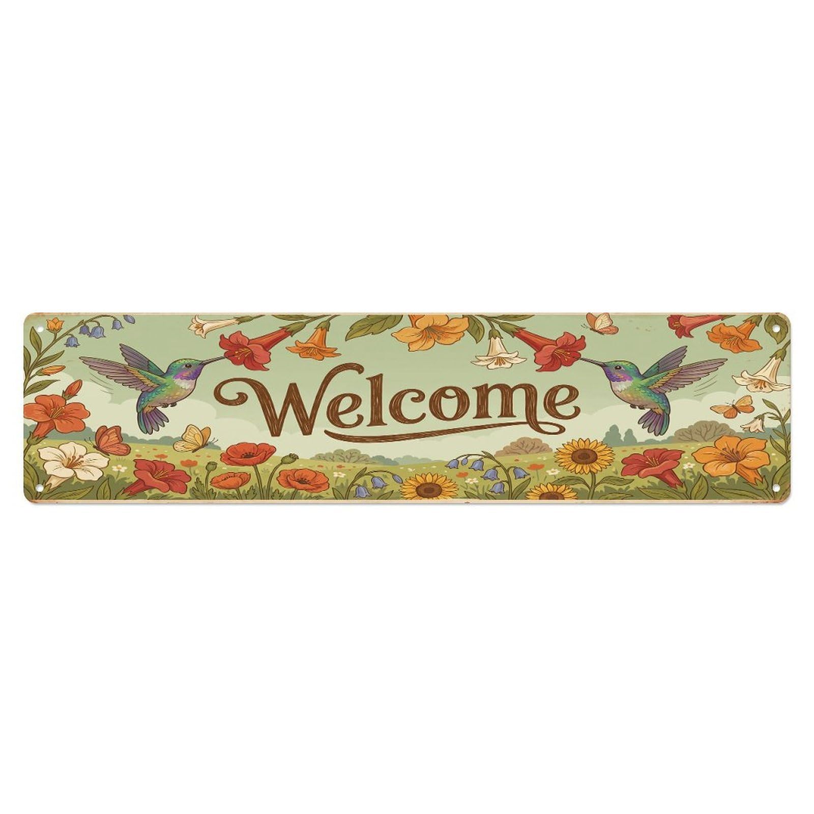 Cxhjca 4X16inch(10X40cm) Vintage Welcome Hummingbird Flower Metal Tin Sign