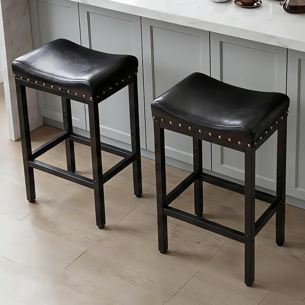 Counter Height Bar Stools Set of 2, 25.5 Inch, Industrial Vintage Bar Stool with Nailhead, Faux Leather Barstool with Footrest, Saddle Stool for Kitchen Island, Dining Room, Easy Assembly