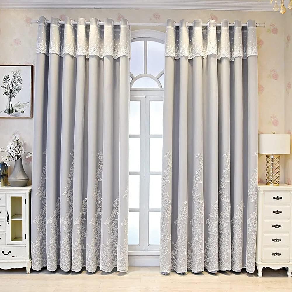 Amidoudou 1 Pair European Double Layer Curtains for Living Room Bedroom Luxury Flower Embroidered Curtains (Beige,51x90 Inch)