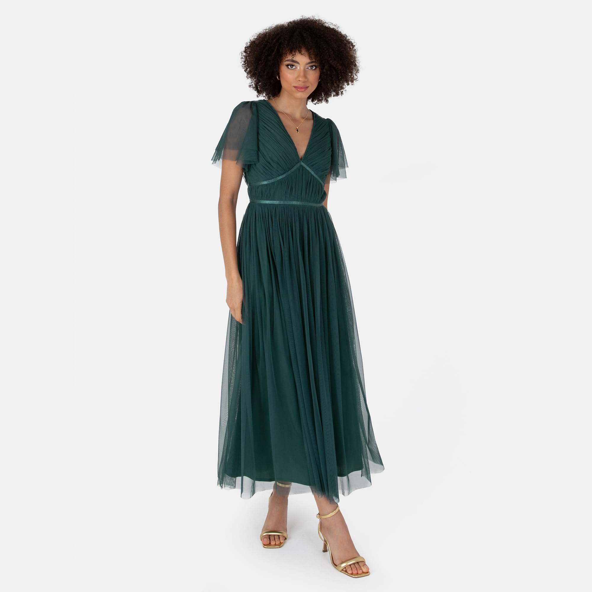 Anaya with Love Damen Women's Ladies Midaxi Dress V-Neck Short Flutter Sleeve Ribbon A-line Tulle for Bridesmaid Wedding Guest Prom Ball Gown Kleid (1er Pack)