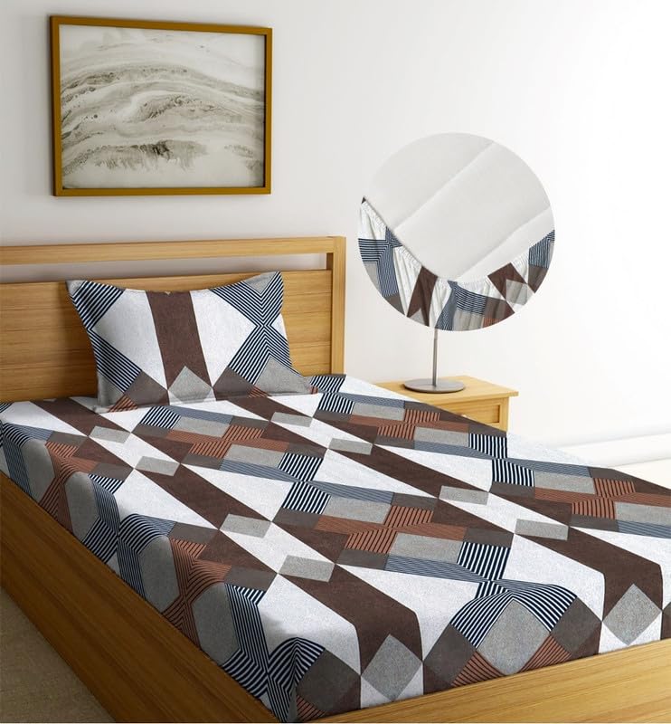 Image of la'amour Cotton All Round Elastic Fitted Bedsheets with 1 Pillow Cover|Single Mattress Bed Breathable| Longlasting | Supersoft Size - 36 x 72 + 6 inches (Color -Grey and White)