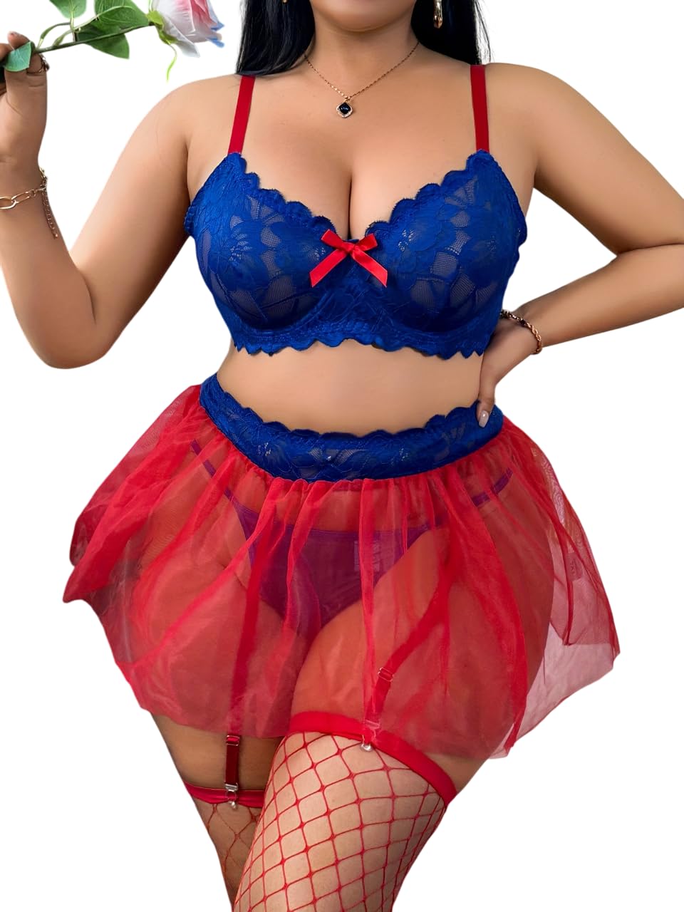 softwrap Women’s Lace Babydoll Lingerie Set – Sheer Mesh Mini Skirt with Lace Bra, Garter Straps & Stockings – Romantic Nightwear Sleepwear for Women Blue and Red-picture-15
