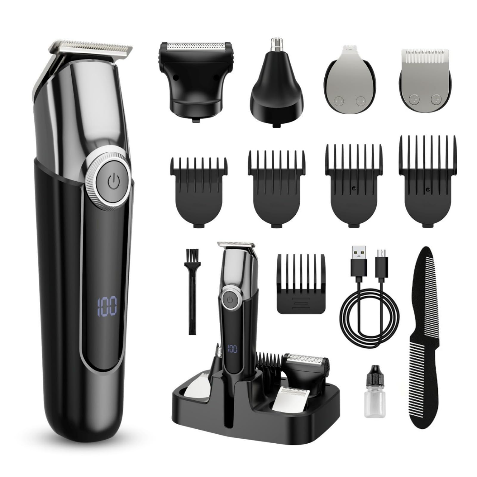 Recortadora de barba para hombres, maquinilla de afeitar eléctrica 5 en 1, cortadora de pelo inalámbrica, kit de aseo impermeable para afeitarse la cara, el bigote, el cuerpo, las orejas, la