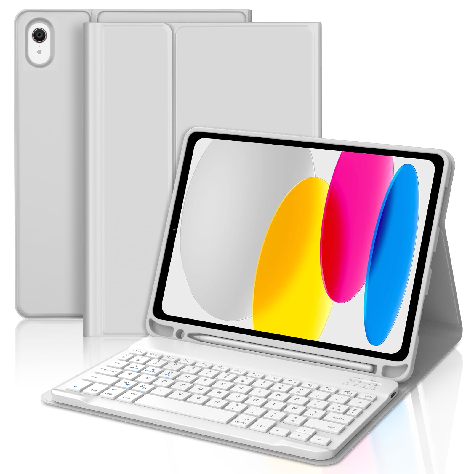 Clavier pour iPad A16 11eme Generation 2025/10eme Generation 10.9" 2022, Coque iPad A16 AZERTY Français Clavier Bluetooth Détachable avec Porte Crayon pour iPad A16 11/10 Génération, Gris Clair