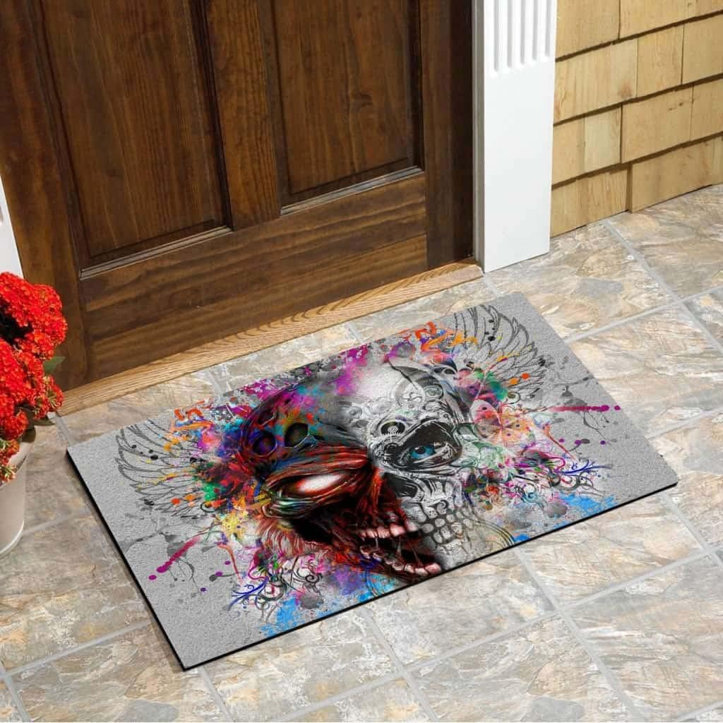 Paillasson extérieur entrée aquarelle tête de mort tapis brosse essuie-pieds