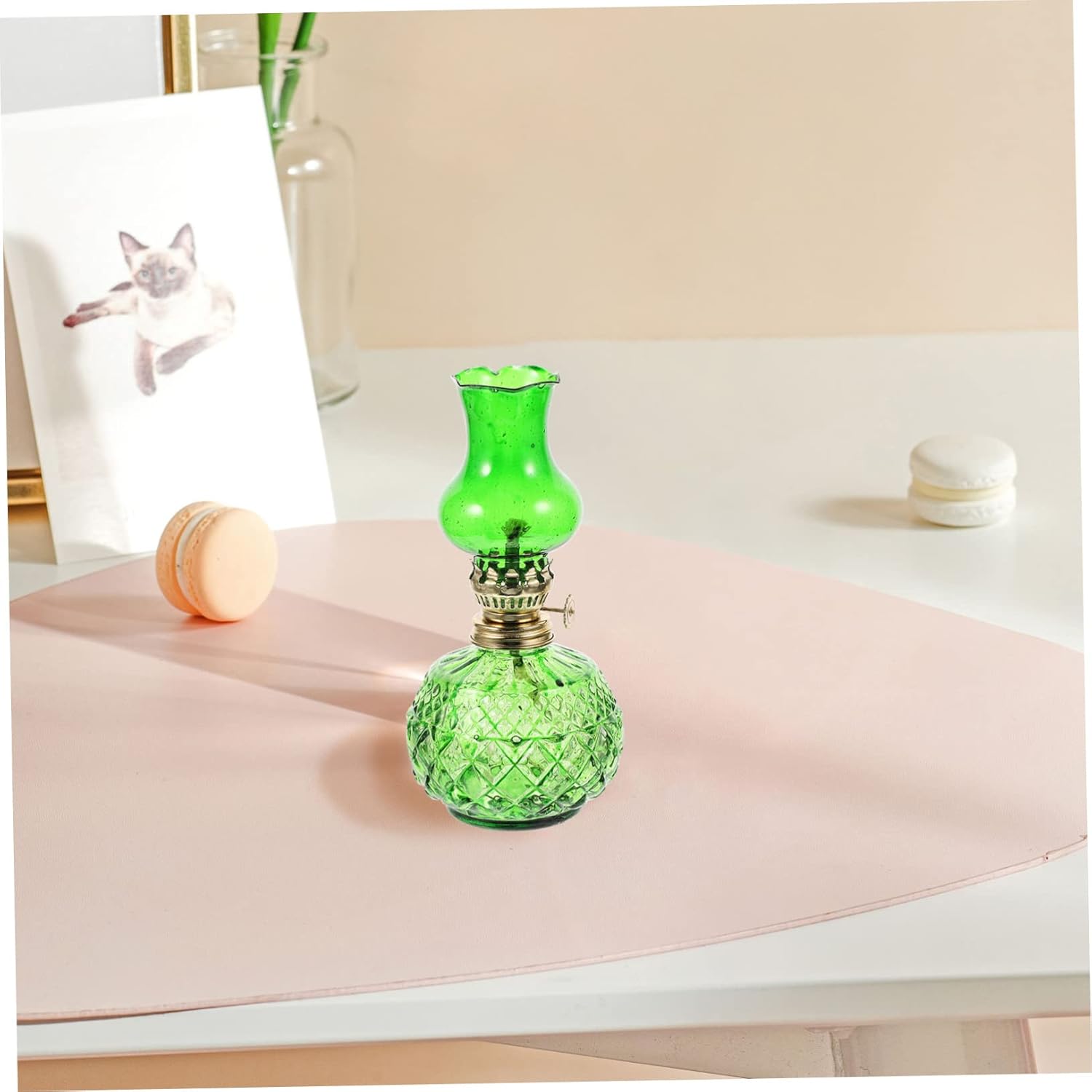 UKCOCO Vintage Glass Kerosene Oil Lamp with Wick Burner Retro Decorative Lantern for Home Tabletop Practical and Elegant Green Glass Lamp for Indoor Use
