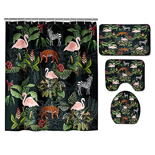 ZDDWLDL 4-Teilig Duschvorhang Set Mit Rutschfesten Teppichen Toilettendeckel Und Badematte Wasserdicht Farbfest Schimmel…