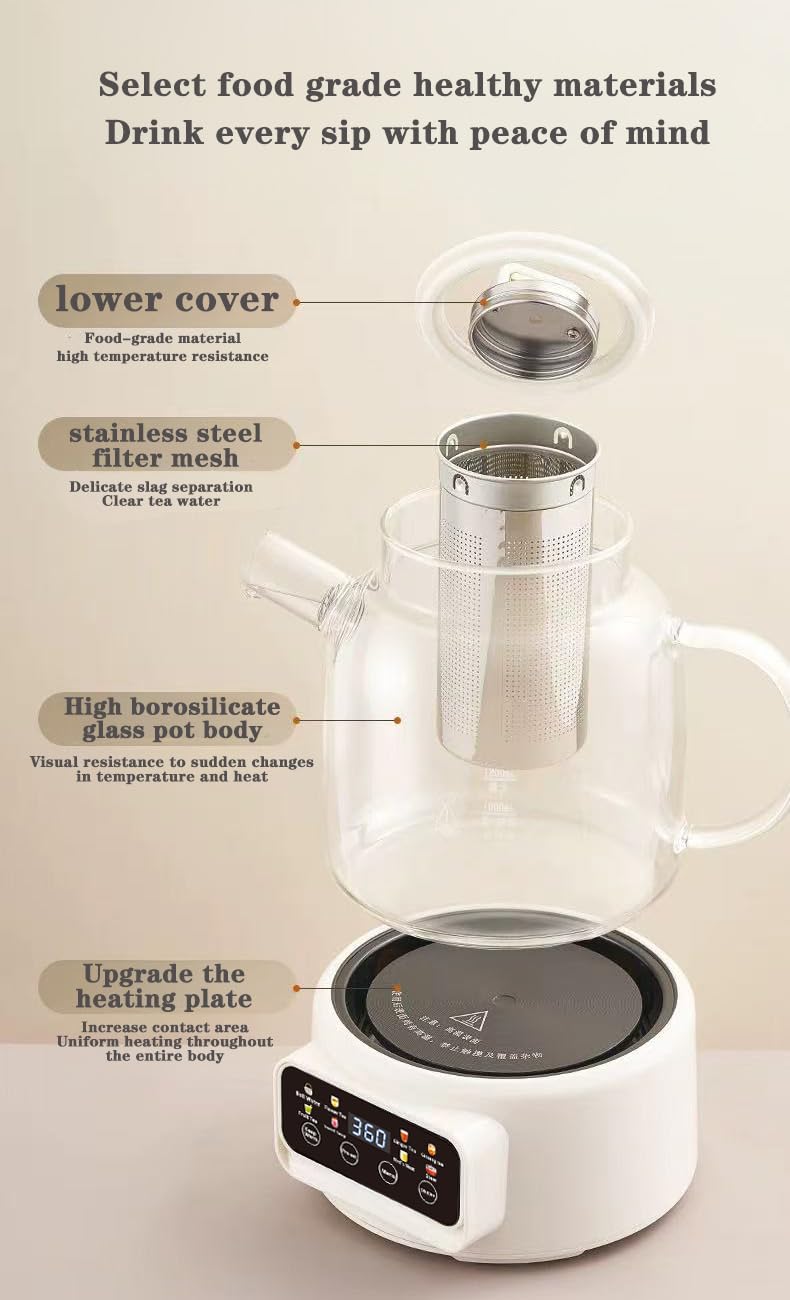 Théière Électrique Multifonction 1200ml, 8 Modes de Préparation, Base Chauffante avec Écran Digital, Carafe en Verre, Blanc