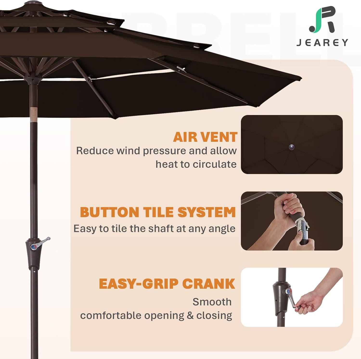 JEAREY 9FT 3 Tier Patio Umbrella Outdoor Market Umbrella Table Umbrellas with 8 Ribs 1.5 Pole Push Button Tilt and Crank UV Protection for Garden,Brown