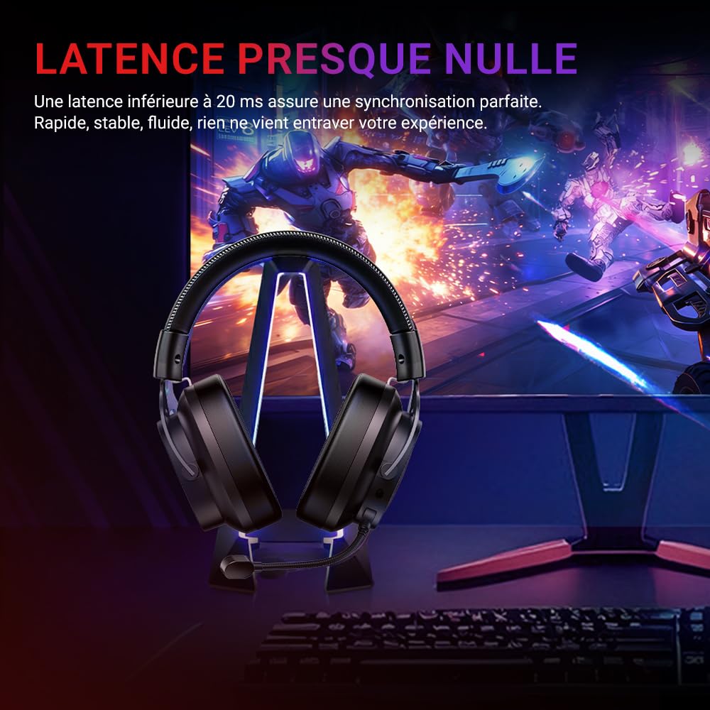 QCY Heroad VT200 Casque Gaming sans Fil,Casque sans Fil Gamer 2,4 GHz avec Microphone,Son Surround 7.1,Bluetooth 6.0,Ultra Léger,Autonomie 130h,Faible Latence,Compatible avec PS5/PS4/Switch
