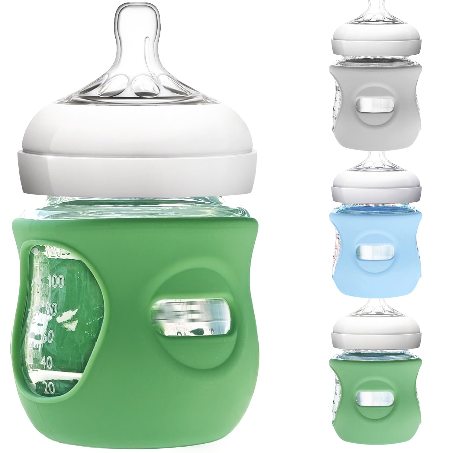 3 Pack Silicone Sleeve for Philips Avent Glass Bottle - Shatter Proof Natural Silicone Bottle Sleeve for Anti Colic Baby Bottles 8 oz & 4 oz - Anti Flow Sleeve for Infant Bottles Green&Light Grey&Blue 4 Ounce