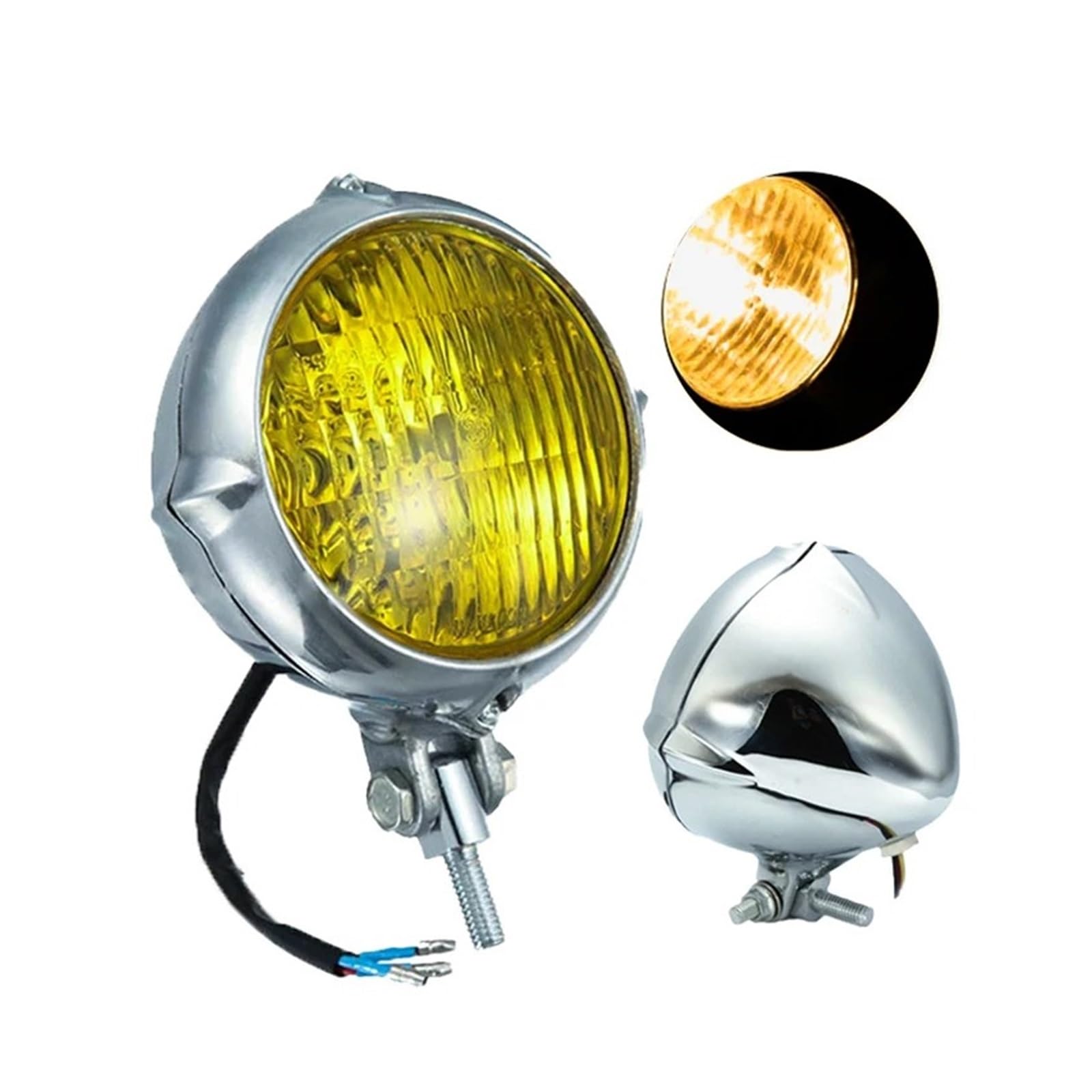 Fari Anteriori Per Moto Faro Vintage Per Motocicletta Per Cafe Racer Custom Bobber Fari Retrò Alogeni Evidenzia Giallo Bianco(B)