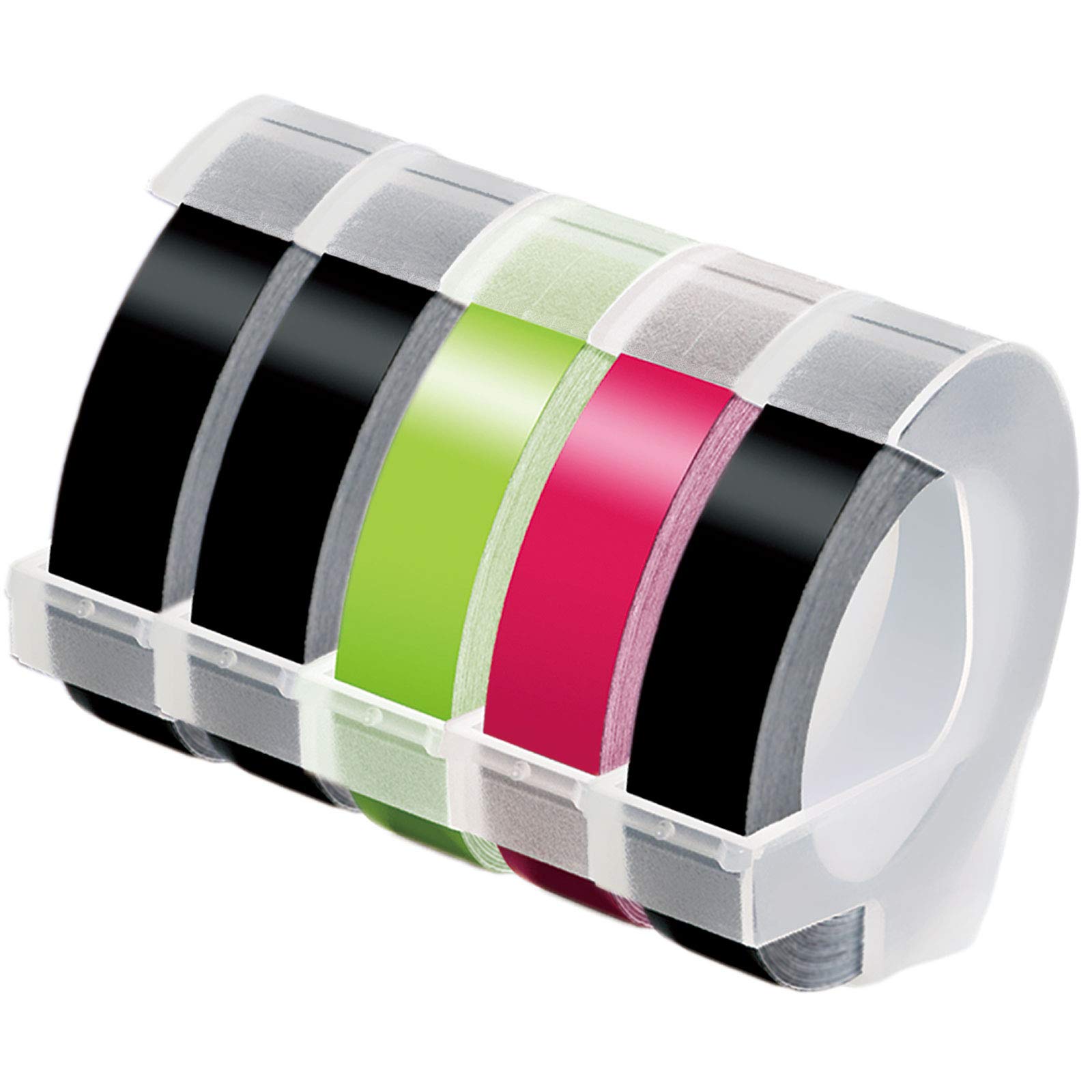 MarkDomain Compatible Embossing Tape 3/8 Inch Replacement for Dymo 3D Plastic Labels White on Black/Fluorescent for Dymo Organizer Xpress Pro 12965 DYM12966 Office Mate II Label Maker,5-Roll