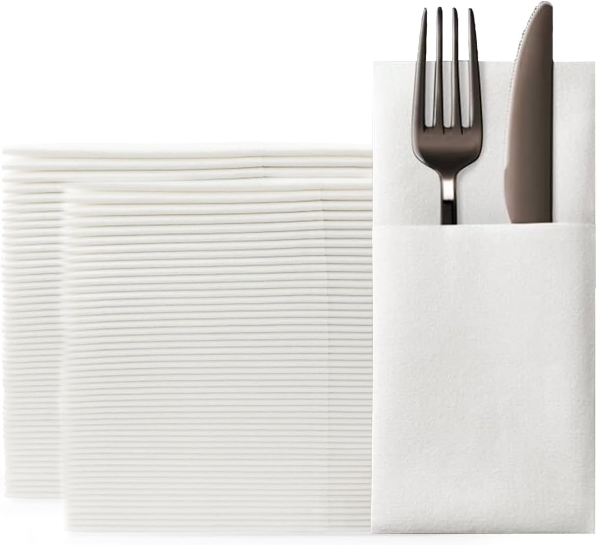 100 Pack White Paper Dinner Napkins with Built-in Flatware Pocket Disposable Paper Linen Feel Napkins Guest refolded for Silverware 16x16 inches