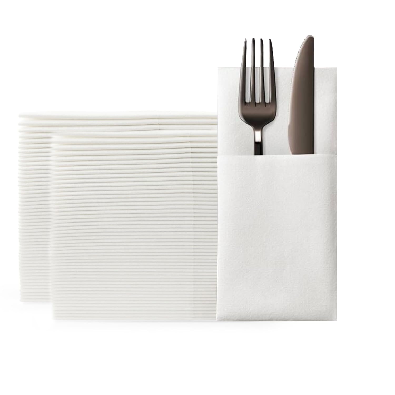 KLEENDOL 100 Pack White Paper Dinner Napkins with Built-in Flatware Pocket Disposable Paper Linen Feel Napkins Guest refolded for Silverware 16x16 inches