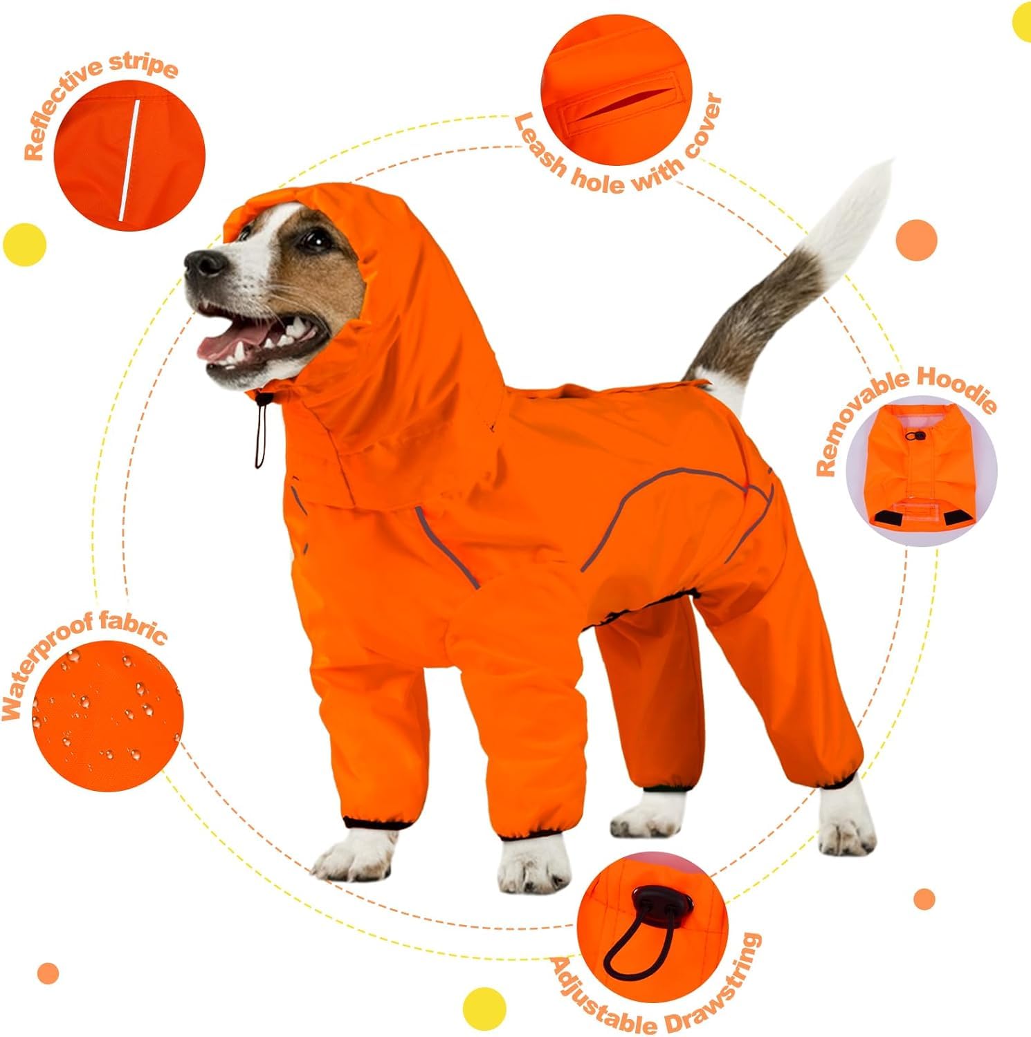 Impermeabile per cani con cappuccio rimovibile, poncho a 4 zampe con catarifrangenti e apertura in lino, giacca antivento per animali domestici per pioggia e neve (arancione, XL)