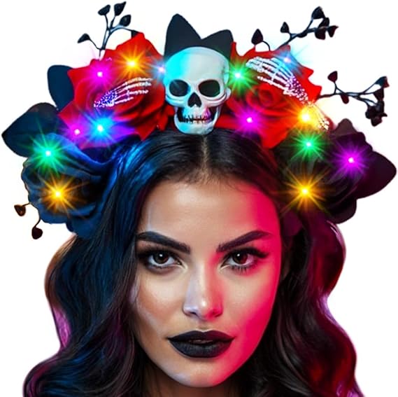 DRESBE Halloween Light Up Headband LED Skull Flower Headbands Glow Party Hair Accessories for Women