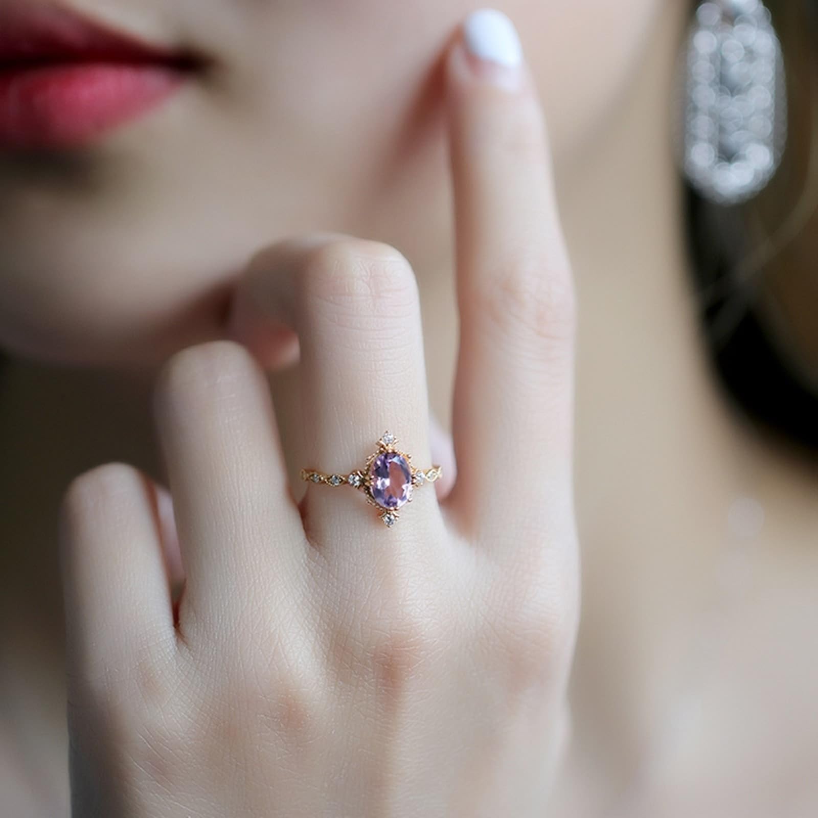 Alianzas de boda 9 K/14 K/18 K oro rosa con amatista púrpura ovalada, clásicas