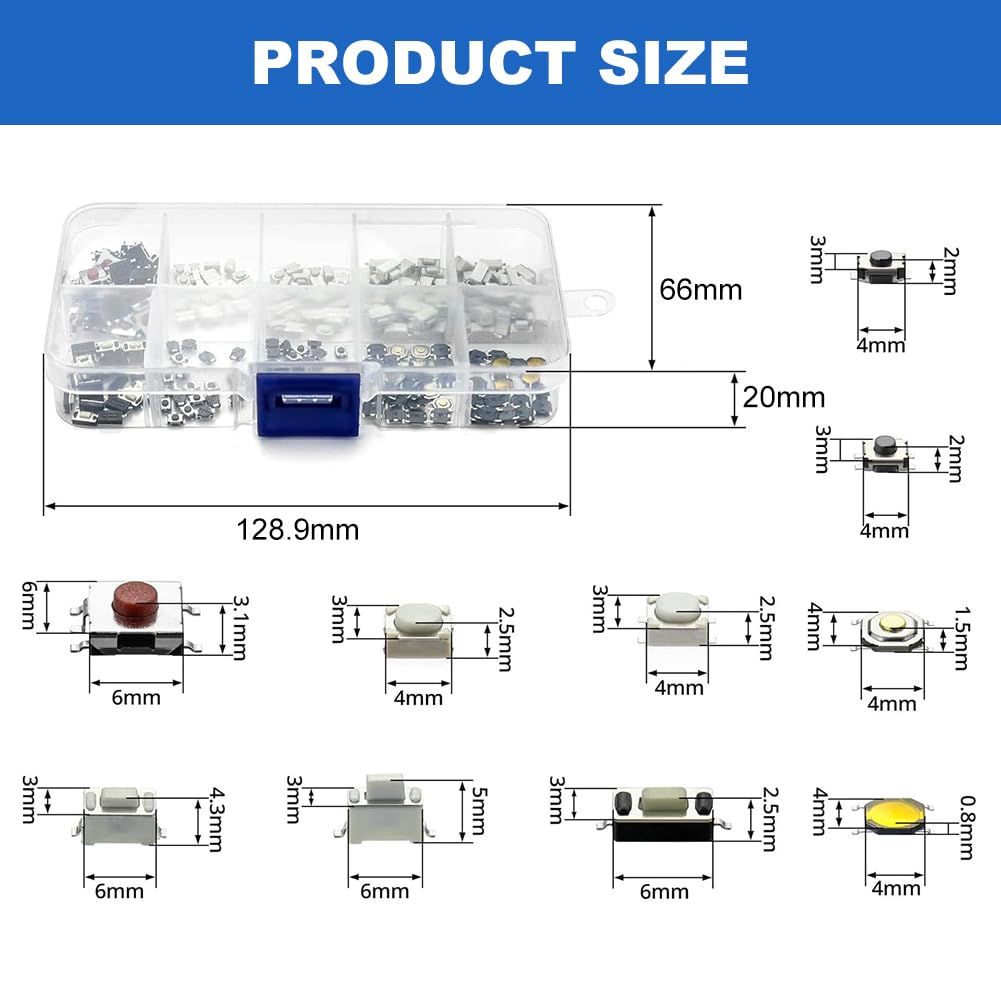200 Tactiele Drukknopschakelaars – 10 Maten, 4-pins Micro-schakelaars Set