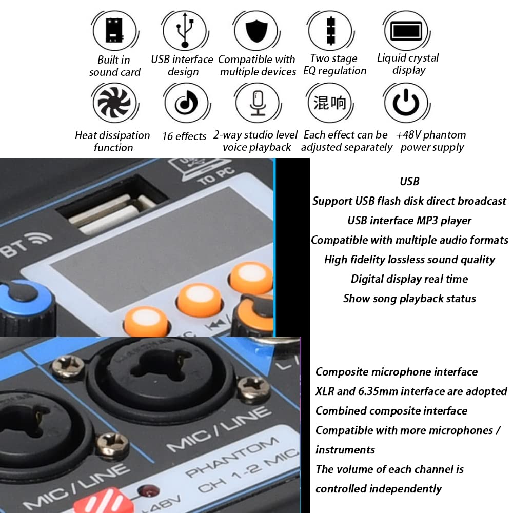 Mixer DJ a 6 canali, interfaccia audio per console USB/MP3/Bluetooth/DJ con interfaccia digitale 48 V Phantom Power Stereo per live streaming Youtube / PC / studio di registrazione / gaming