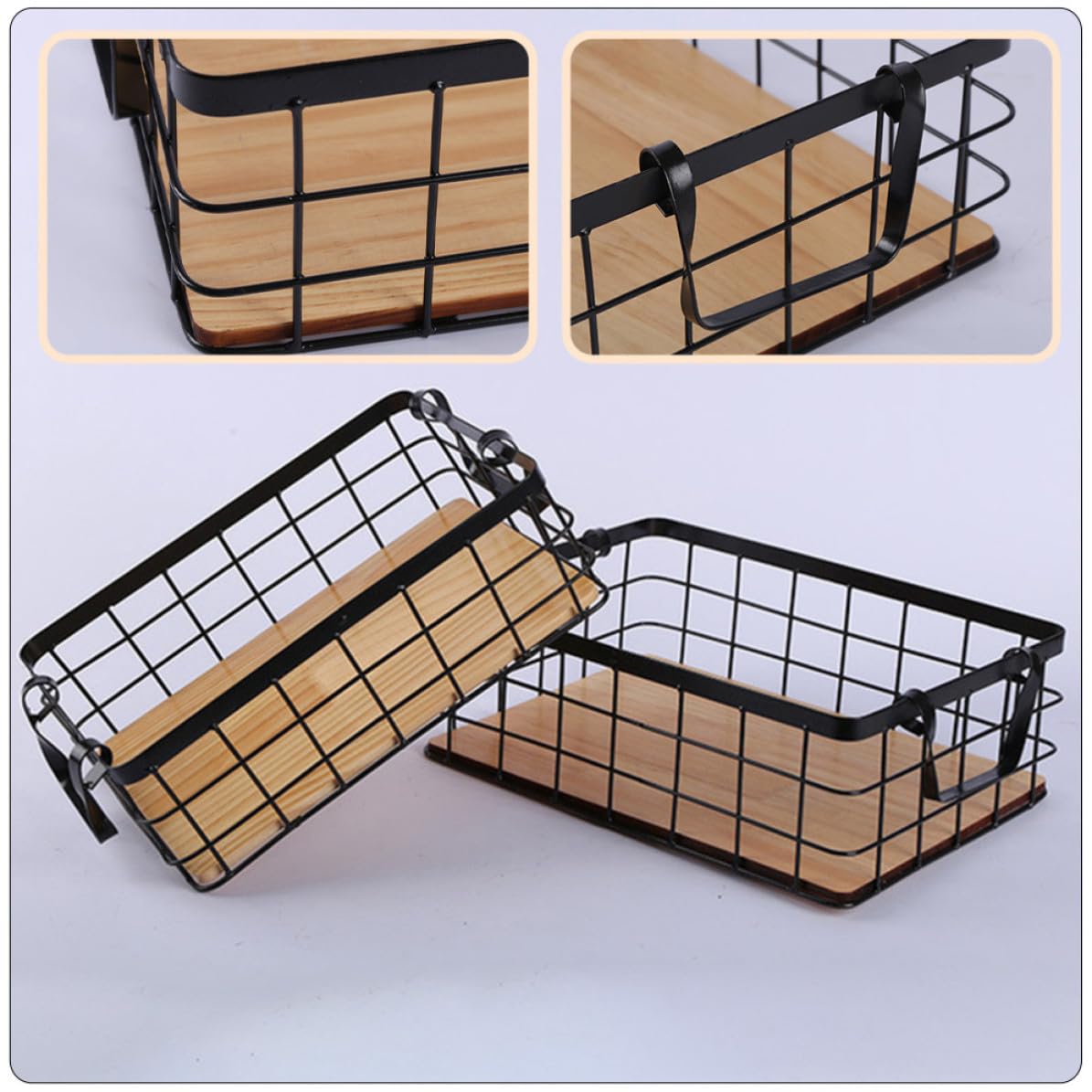 Operitacx Cesta de Hierro y Madera de Almacenamiento Rectangular Diseño Simple para Organizar Frutas y Snacks Color Negro en Cocina o Escritorio