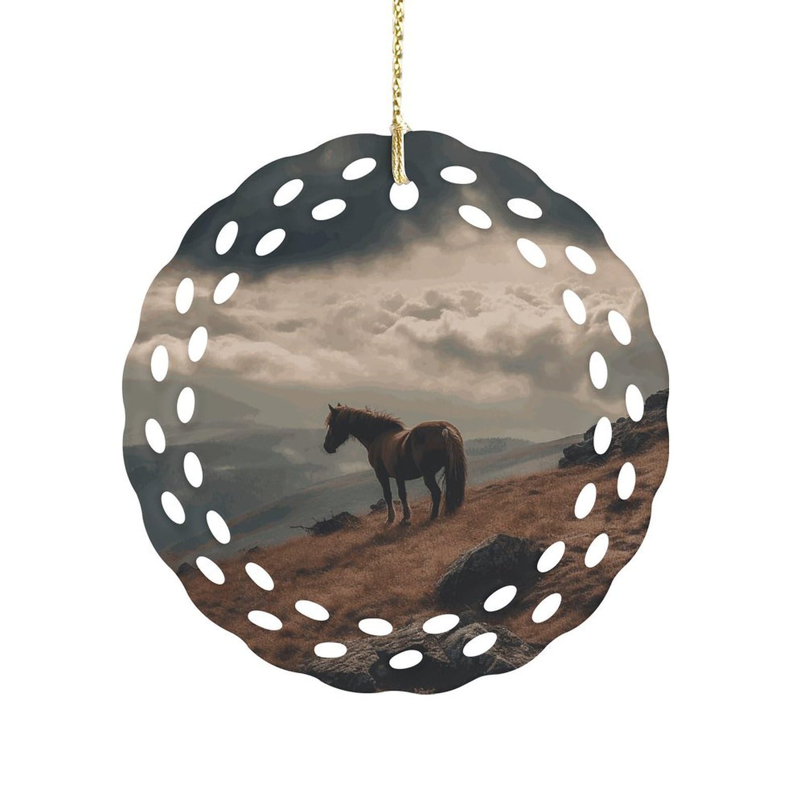 Btcowzrv Style Horse Grazing On The Mountain Ceramic Ornament,Round Ornaments With Hole Easy To Hang,Hanging Ornament For Wedding Party Home Window Garden Christmas Day Decor