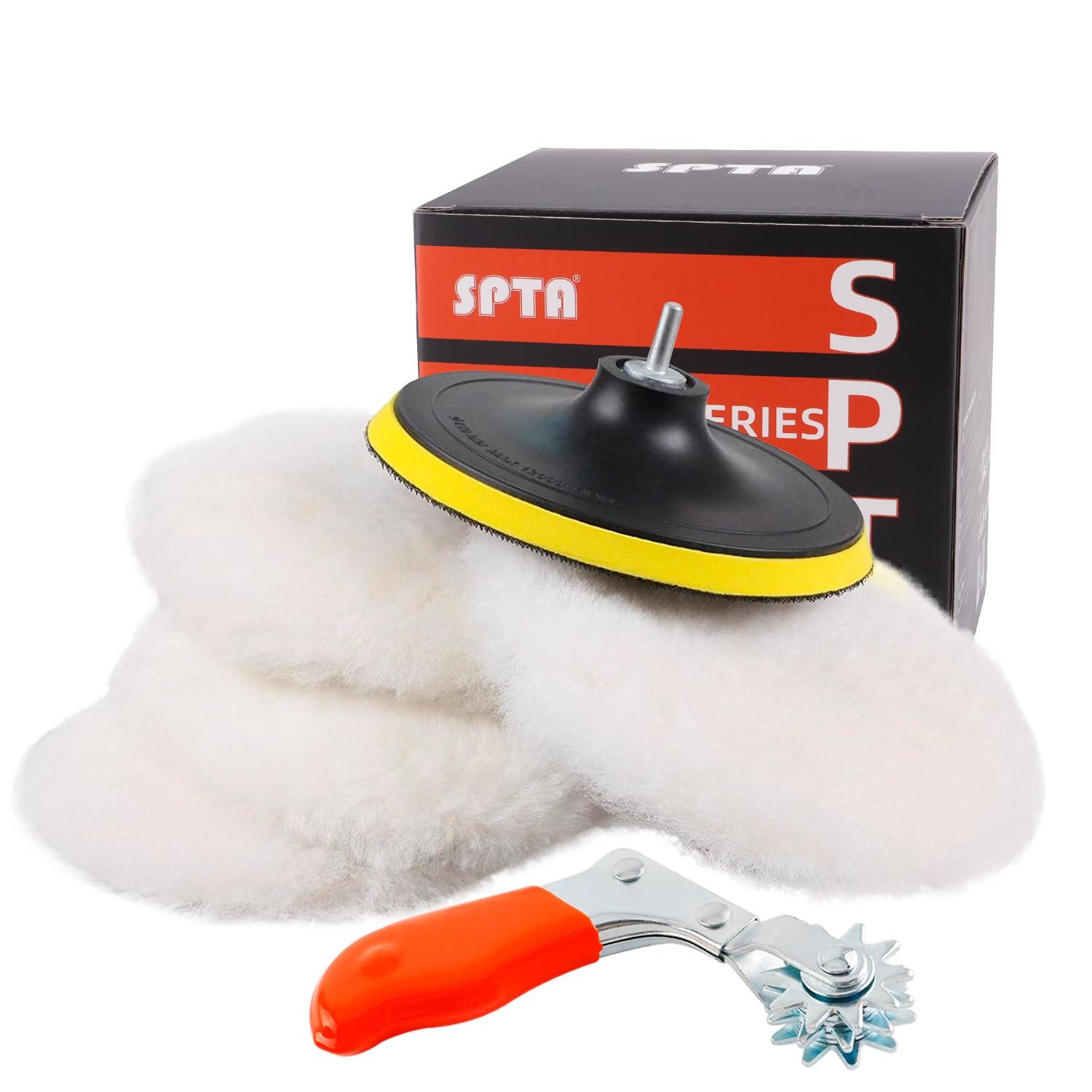Wool Buffing Polishing Pad, SPTA 6Pcs 6 Inch (150mm) Lambwool Wool polishing Pads with Pad Clean Tool Kit with Hook & Loop 5/8"-11 Thread Drill Adapter for Car Polishing and Buffing -A1055S6M58