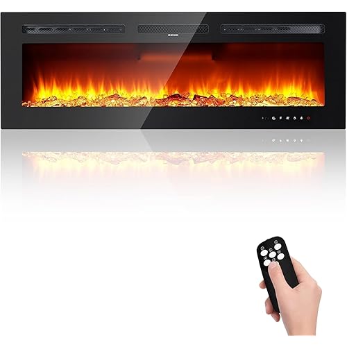 60" Recessed and Wall Mounted Fireplace Electric Fireplacewith Smart WiFi Infrared Linear Fireplace Heater 750w/1500w &12 LED Flame Colors & Timer Remote, Low Noise Operation