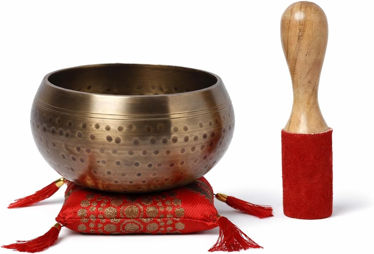 Tibetan Singing Bowl Set with Cushion & Mallet – Handmade Meditation Sound Bowl for Yoga, Healing, Mindfulness & Chakra Balancing (Brass, 5 Inch)