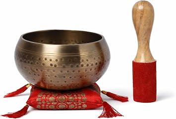 Tibetan Singing Bowl Set with Cushion & Mallet Handmade Meditation Sound Bowl for Yoga, Healing, Mindfulness & Chakra Balancing Brass, 5 Inch