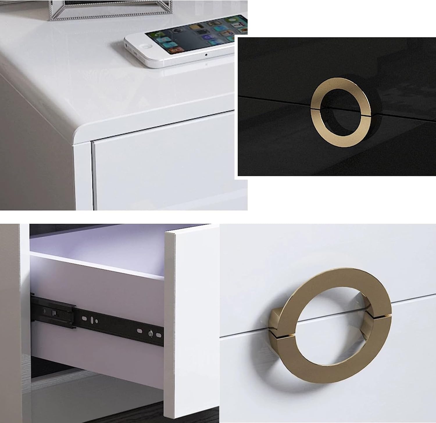 Close-up details of the nightstand finish and drawer