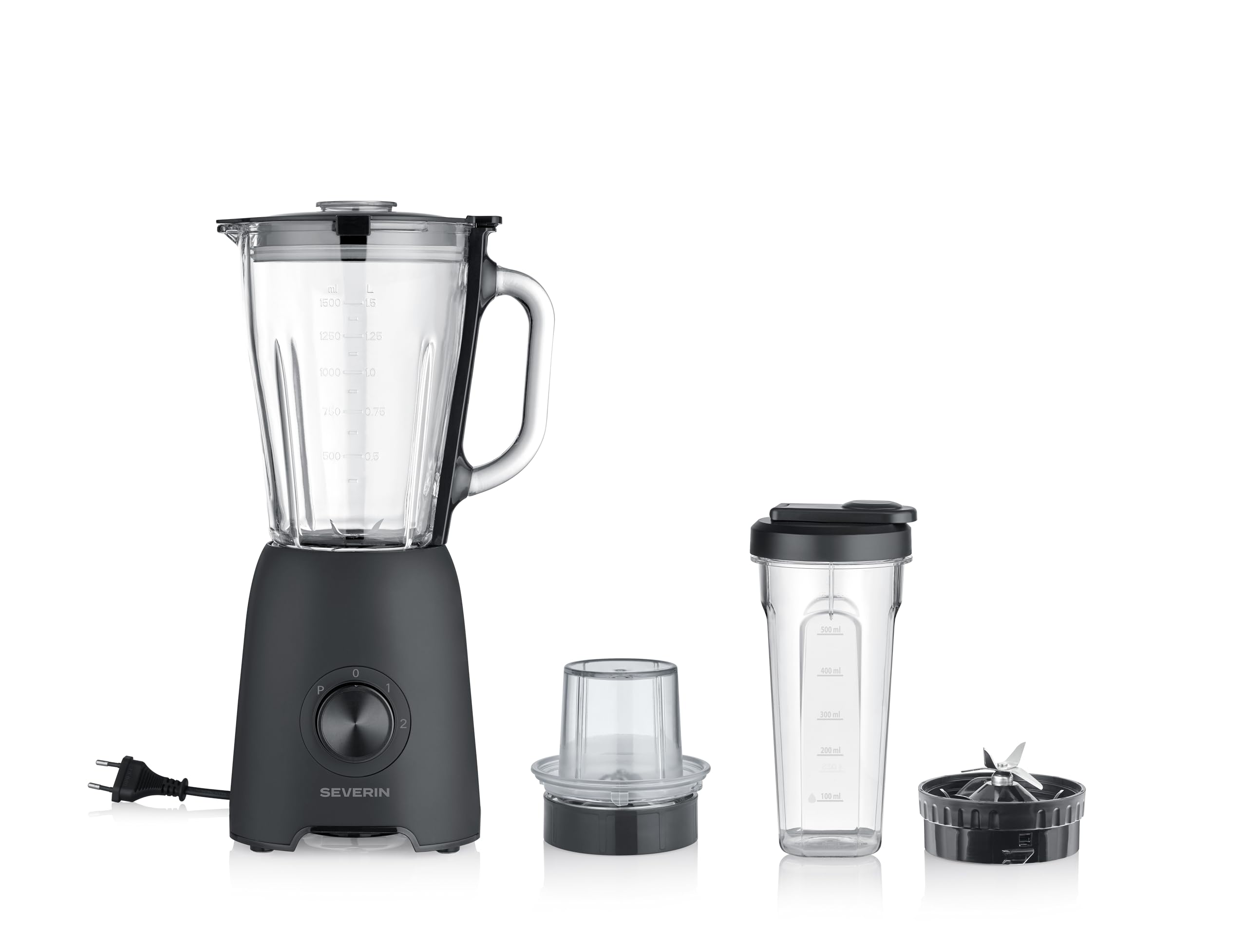 Severin Standmixer, Smoothie Maker, Blender elektrisch, 1,5L, 2 Stufen, Impulsfunktion, spülmaschinengeeignete Teile, Edelstahlmesser, inkl. to go Behälter und Mühlen-Aufsatz, 600W, schwarz, SM 3724