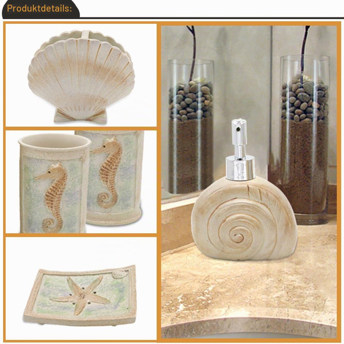 Set mit 5 Strandmuscheln bestehend aus Seifenspender, Seifenschale, Becher, Zahnbürstenhalter – Elfenbeinfarbenes Polyresin-Set für Männer, Frauen, Kinder.