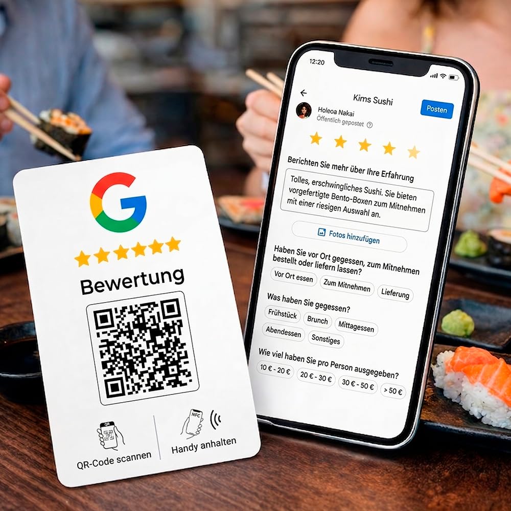 Karte für Google Bewertungen mit NFC & QR Code auf Deutsch – KI-Antwort-App inklusive - (5er Set)