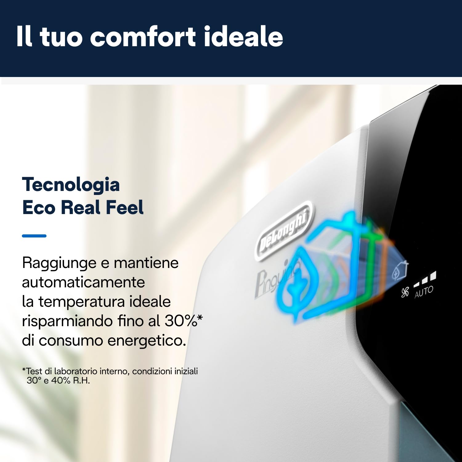 De'Longhi Pinguino PAC EX105 - Condizionatore portatile con tecnologia EcoRealFeel, 10.000 BTU/h, per ambienti fino a 100 m³, funzione di deumidificazione e ventilazione, timer 24 ore, classe di
